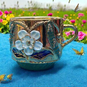 Vintage German Porcelain Gold-Plated Floral Cup With Raised Blue Flower & Intric